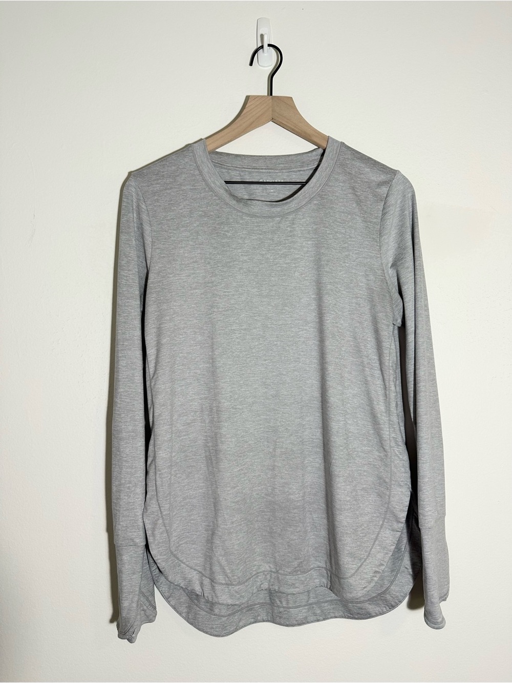 Athleta - Light Gray Long Sleeve Crewneck Top with finger holes in sleeves